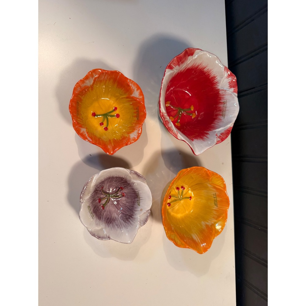 Pier 1 Imports Hand Painted Floral Flower Measuring Bowls Set of 4 Stoneware